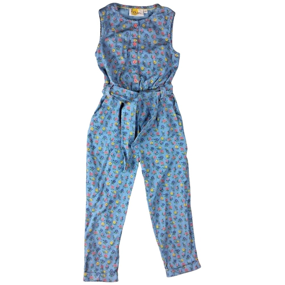 Mini Boden Girls 6 7 Jumpsuit 1pc Blue Floral Waist Tie Belt Sleeveless Bluejay